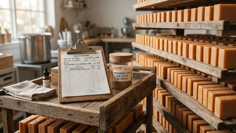 Curing persimmon soap bars on wooden drying racks Curing persimmon soap bars on wooden drying racks