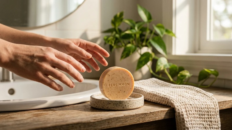 Persimmon soap on stoneware dish by sunlit sink Persimmon soap on stoneware dish by sunlit sink