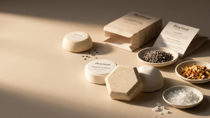 Hexagon shower steamers beside retail packaging Hexagon shower steamers beside retail packaging