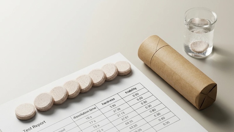 Effervescent tablets beside test report and dissolution beaker Effervescent tablets beside test report and dissolution beaker
