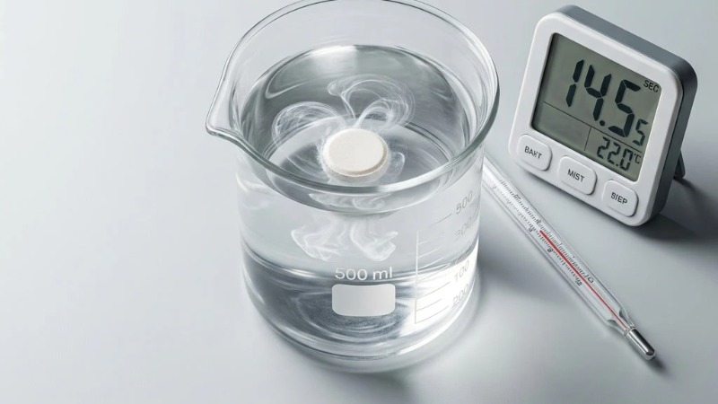 Dissolving tablet in beaker with timer and thermometer Dissolving tablet in beaker with timer and thermometer