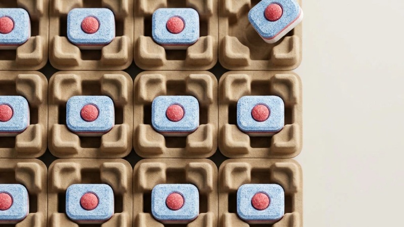 Dishwasher tablets in molded pulp trays overhead Dishwasher tablets in molded pulp trays overhead