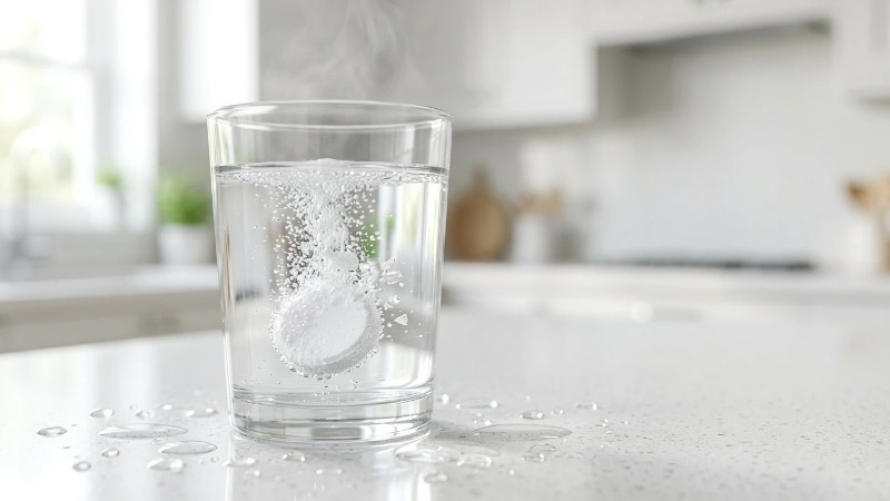 Cleaning tablet fizzing in a glass of warm water Cleaning tablet fizzing in a glass of warm water