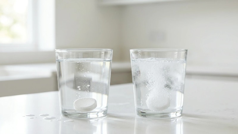 Fizzing vs undissolved cleaning tablet in two glasses Fizzing vs undissolved cleaning tablet in two glasses