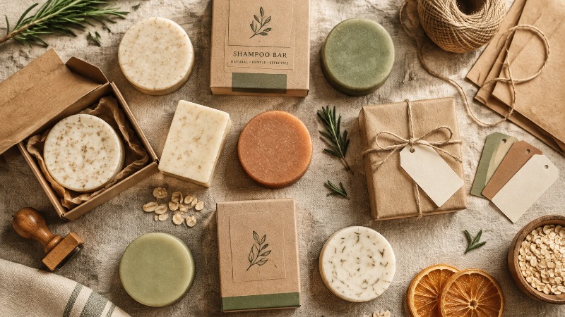 Shampoo bars with kraft wraps and botanicals flatlay Shampoo bars with kraft wraps and botanicals flatlay