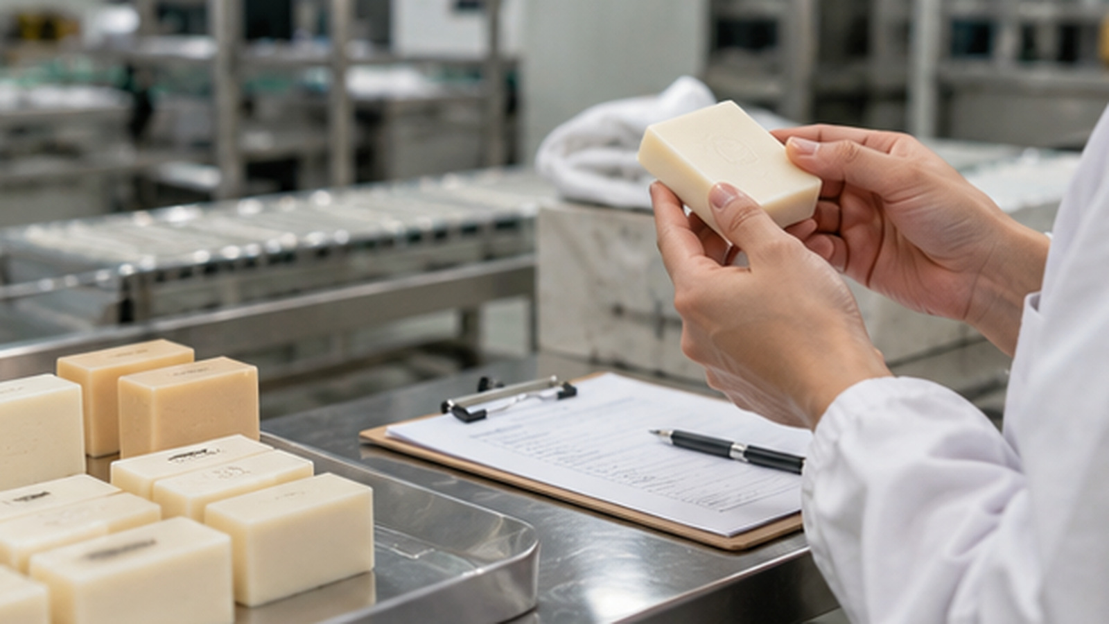 Worker inspecting a bar soap sample beside a clipboard and production samples on a stainless steel worktable. Worker inspecting a bar soap sample beside a clipboard and production samples on a stainless steel worktable.
